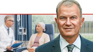 יו"ר האגודה למלחמה בסרטן פרופ' משה מיטלמן, ברקע: הדמיה של אישה העוברת טיפול אונקולגי | בינה מלאכותית של Gemini Google | עיבוד צילום: שולי סונגו©