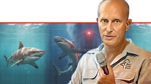 יגאל בן ארי, מנהל היחידה הימית ברשות הטבע והגנים ברקע: הדמיית שני כרישים מאיימים | בינה מלאכותית של Gemini Google | עיבוד: Photolab | עיבוד צילום: שולי סונגו©