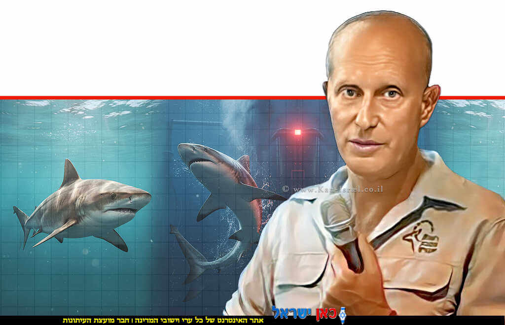 יגאל בן ארי, מנהל היחידה הימית ברשות הטבע והגנים ברקע: הדמיית שני כרישים מאיימים | בינה מלאכותית של Gemini Google | עיבוד: Photolab | עיבוד צילום: שולי סונגו©