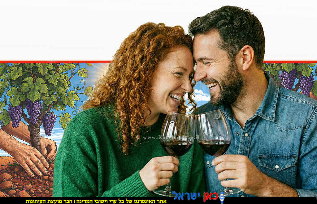 משרד החקלאות וביטחון המזון ומשרד הבריאות מציגים מפת היין של ישראל, זוג ישראלי שותה יין ברקע כרם| הדמייה של בינה מלאכותית של Gemini Google | עיבוד צילום: שולי סונגו©