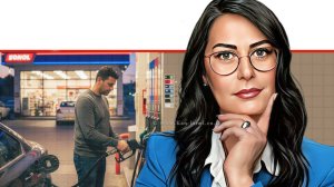 מנהלת מינהל הדלק והגז במשרד האנרגיה והתשתיות, הגב' בת שבע אבוחצירה ברקע גבר מתדלק בתחנת דלק | הדמייה של בינה מלאכותית של Gemini Google | עיבוד צילום: שולי סונגו©