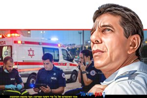 רמ"ג אלי בין, מנכ"ל מגן דוד אדום ("מד"א") ברקע: אמבולנס וצוות פרמדיקים | הדמייה של בינה מלאכותית של Gemini Google | עיבוד צילום: שולי סונגו©