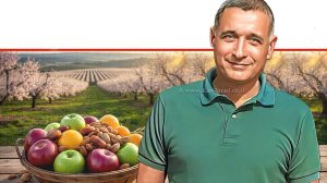 מנכ"ל ארגון מגדלי הפירות, ירון בלחסן ברקע סלסילת פירות טריים וצבעוניים תפוחים, תמרים ושקדים מטע ארץ-ישראלי פורח | הדמייה של בינה מלאכותית של Gemini Google | עיבוד צילום: שולי סונגו©