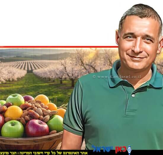 מנכ"ל ארגון מגדלי הפירות, ירון בלחסן ברקע סלסילת פירות טריים וצבעוניים תפוחים, תמרים ושקדים מטע ארץ-ישראלי פורח | הדמייה של בינה מלאכותית של Gemini Google | עיבוד צילום: שולי סונגו©