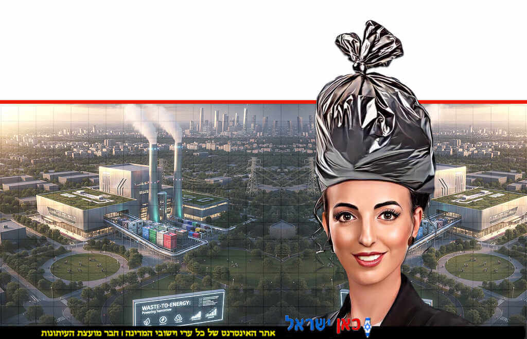 השרה להגנת הסביבה עידית סילמן מעל ראשה שקית זבל על ישראל היוצאת לדרך חדשה בניהול משק הפסולת | הדמייה של בינה מלאכותית של Gemini Google | עיבוד צילום: שולי סונגו©