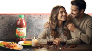 פולנטה עגבניות מטוגנת ורטטוי חורפי של חברת "פרימור" מיצים טבעיים ואיכותיים ברקע: זוג מרוצה | הדמייה של בינה מלאכותית של Gemini Google | עיבוד צילום: שולי סונגו©