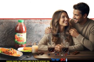 פולנטה עגבניות מטוגנת ורטטוי חורפי של חברת "פרימור" מיצים טבעיים ואיכותיים ברקע: זוג מרוצה | הדמייה של בינה מלאכותית של Gemini Google | עיבוד צילום: שולי סונגו©