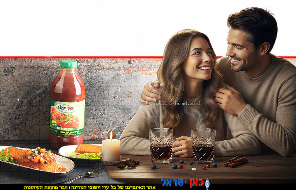 פולנטה עגבניות מטוגנת ורטטוי חורפי של חברת "פרימור" מיצים טבעיים ואיכותיים ברקע: זוג מרוצה | הדמייה של בינה מלאכותית של Gemini Google | עיבוד צילום: שולי סונגו© פולנטה עגבניות מטוגנת ורטטוי חורפי של חברת "פרימור" מיצים טבעיים ואיכותיים ברקע: זוג מרוצה | הדמייה של בינה מלאכותית של Gemini Google | עיבוד צילום: שולי סונגו©