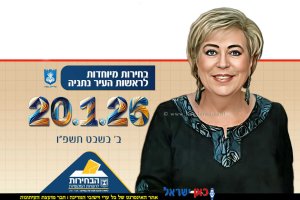 מרים פיירברג-איכר זיכרה לברכה | רקע: כרזת משרד הפנים לבחירות לראשות העיר נתניה | צילום: דוברות נתניה | צילום: משרד הפנים | עיבוד: Photolab | עיבוד צילום: שולי סונגו©