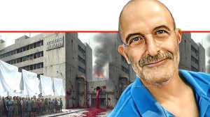 עו"ד גיורא אלדן על המכבסה, כשהציבור בתור מול בדים לבנים נקיים למראית עין, בעוד מים אדומים ועכורים זורמים מהדלת האחורית אל המדרכה | הדמייה של בינה מלאכותית של Gemini Google | עיבוד: Photolab שולי סונגו ©