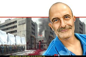 עו"ד גיורא אלדן על המכבסה, כשהציבור בתור מול בדים לבנים נקיים למראית עין, בעוד מים אדומים ועכורים זורמים מהדלת האחורית אל המדרכה | הדמייה של בינה מלאכותית של Gemini Google | עיבוד: Photolab שולי סונגו ©
