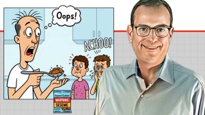 מייסד "טחנת האבן" מר זאב וייס ברקע: קריקטורה של גבר נדהם מאכילת אלרגיים לשומשום | עיבוד: Photolab | עיבוד צילום: שולי סונגו©