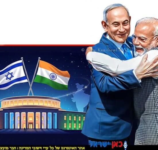 ראש ממשלת הודו, מר נרנדרה מודי, בביקורו ההיסטורי בכנסת בירושלים מתחבק עם ראש הממשלה בנימין נתניהו | איור חגיגי המשלב את דגלי ישראל והודו עם מבנה הכנסת | צילום: לע"מ | צילום: Gemini Google | עיבוד: שולי סונגו ©