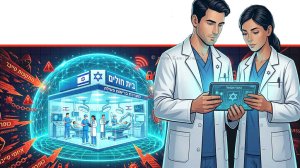צמד רופאים עם מחשב נייד ברקע: מערכת הבריאות הפעילה עם איומי הסייבר הקרבים, המייצג את המצור הדיגיטלי איור: Gemini Google | עיבוד: Photolab שולי סונגו ©
