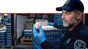 מפקח יחידת הפיצו"ח (היחידה המרכזית לאכיפה וחקירות) במשרד החקלאות וביטחון המזון בוחן ביצים שהוברחו בניסיון שיווק | צילום: משרד החקלאות | צילום: הדמייה Gemini Google | עיבוד: שולי סונגו ©
