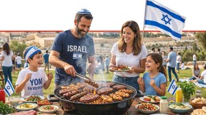 משפחה חוגגת מסורת ה"מנגל" המשפחתי והחברתי ביום העצמאות בישראל | עיבוד: Gemini Google | עיבוד צילום: שולי סונגו©