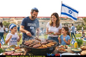 משפחה חוגגת מסורת ה"מנגל" המשפחתי והחברתי ביום העצמאות בישראל | עיבוד: Gemini Google | עיבוד צילום: שולי סונגו©