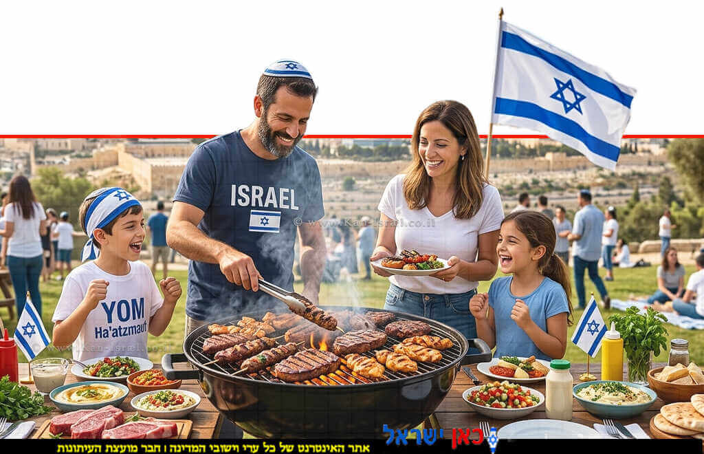 משפחה חוגגת מסורת ה"מנגל" המשפחתי והחברתי ביום העצמאות בישראל | עיבוד: Gemini Google | עיבוד צילום: שולי סונגו©