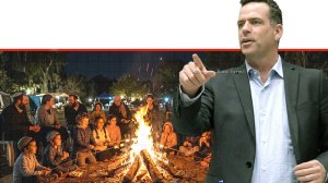 אבי סלמה ראש העיר נתניה רקע: אזרחים חוגגים במדורת ל"ג בעומר | עיבוד: Gemini Google | עיבוד צילום: שולי סונגו©