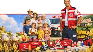 פרמדיק של מד"א ומשפחה ישראלית באווירת חג השבועות לצד ציוד עזרה ראשונה | עיבוד ai :Capilot | עיצוב: שולי סונגו©