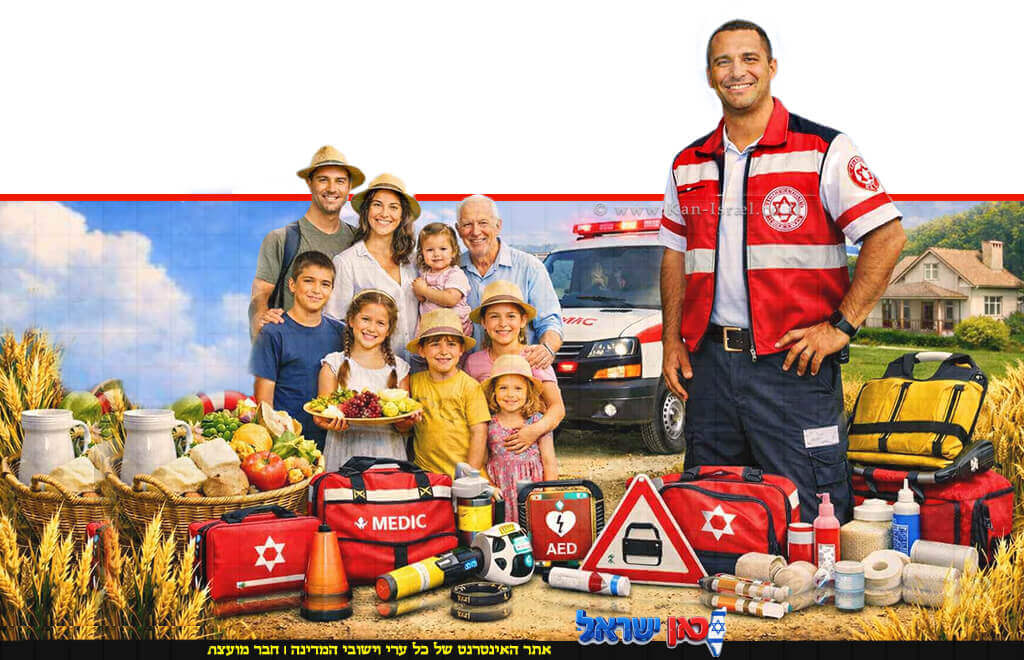 פרמדיק של מד"א ומשפחה ישראלית באווירת חג השבועות לצד ציוד עזרה ראשונה | עיבוד ai :Capilot | עיצוב: שולי סונגו©