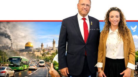 השרה להגנת הסביבה, עידית סילמן, עם משה ליאון ראש עיריית יְרוּשָׁלַיִם ברקע צמצום זיהום האוויר מתחבורה בירושלים | עיבוד ai Capilot | עיצוב: שולי סונגו©