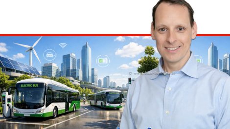 רון אייפר, עיר חכמה, אוטובוסים חשמליים, עמדות טעינה, שמיים בהירים צילום: דוברות משרד האנרגיה והתשתיות | עיבוד ai Capilot | עיצוב: שולי סונגו©