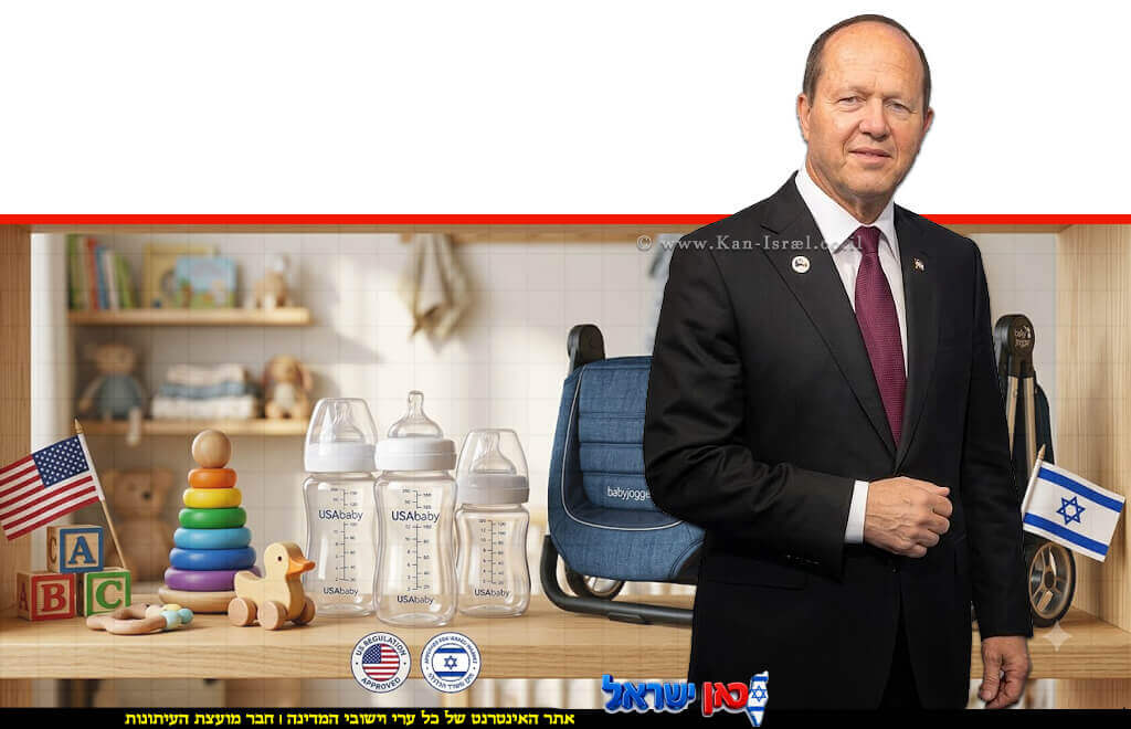 שר הכלכלה והתעשייה, ח"כ ניר ברקת מוצרי תינוקות וילדים (כמו בקבוקים, צעצועי עץ או עגלות) לצד דגל ארה"ב ודגל ישראל | הדמייה | עיבוד: Gemini Google | עיצוב: שולי סונגו© 