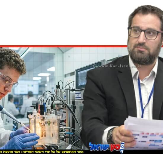 פרופ' בריאן רוזן המדען הראשי במשרד האנרגיה והתשתיות, ברקע חוקר במעבדה מתקדמת בוחן רכיבים אלקטרוכימיים | ד"ר אבי רווה © | עיבוד: Gemini Google | עיצוב: שולי סונגו©