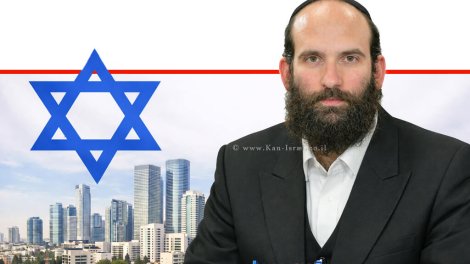 יהודה מורגנשטרן, מנכ״ל משרד הבינוי והשיכון ברקע בניינים ודגל ישראל | עיבוד: AI | עיצוב: שולי סונגו©